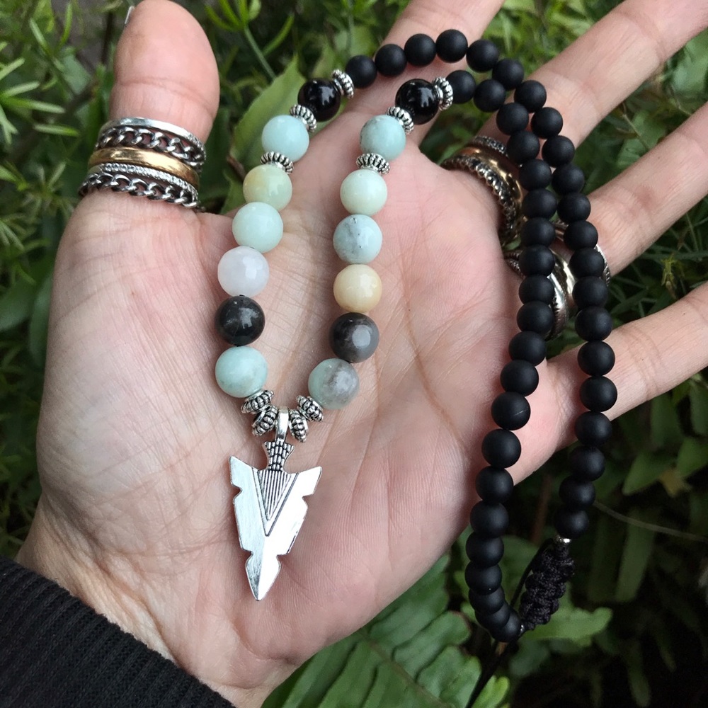 Genuine amazonite & onyx choker arrow necklace - Picture 6 of 10